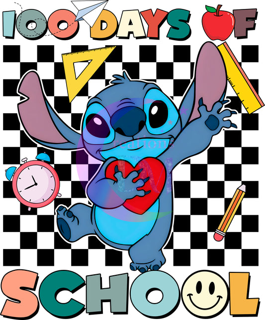1OO Days of school - 100 days of school stitch black checkered background