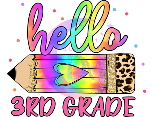 back to school DTF - hello 3rd colorful cheetah print pencil