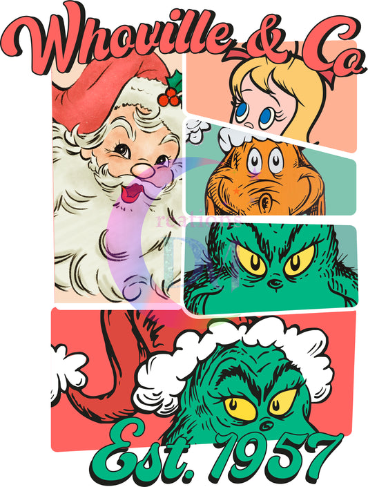 Christmas DTF - grinch - whoville and co , est 1957 , santa and friends