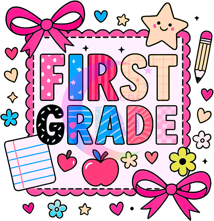 back to school DTF - School grade , pink bows - FIRST GRADE