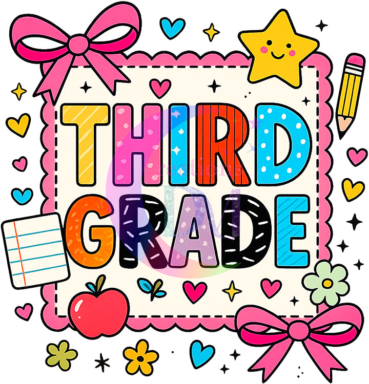 back to school DTF - School grade , pink bows -THIRD GRADE