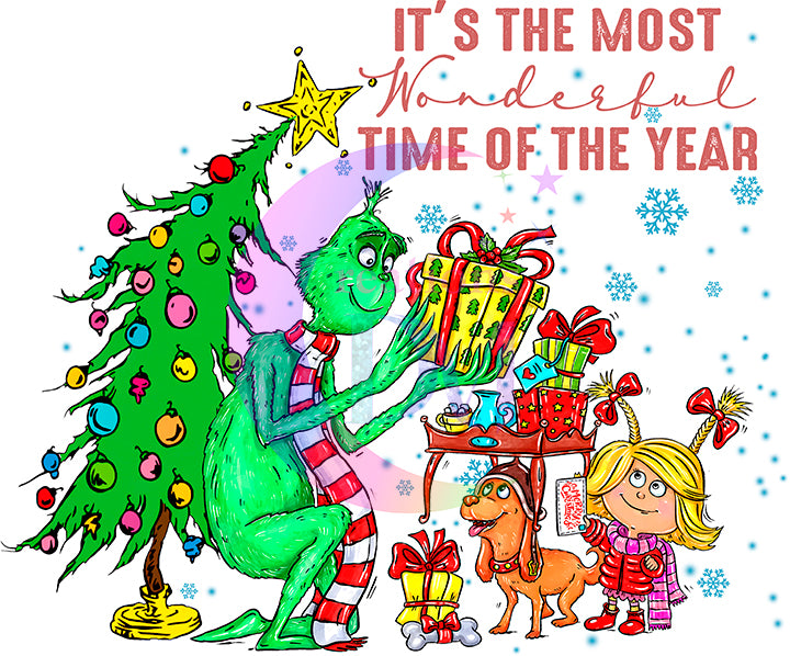 Christmas DTF - its the most wonderful time of the year grinch with tree and presents