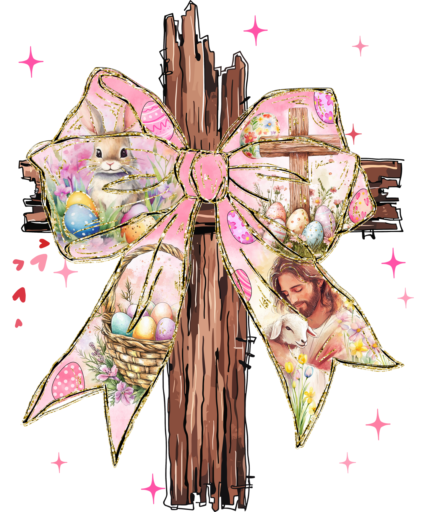 Easter - brown cross with white letters and pink bow