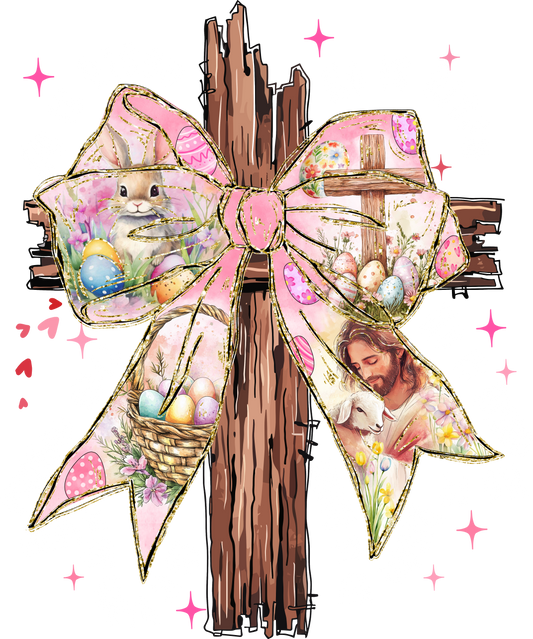 Easter - brown cross with white letters and pink bow