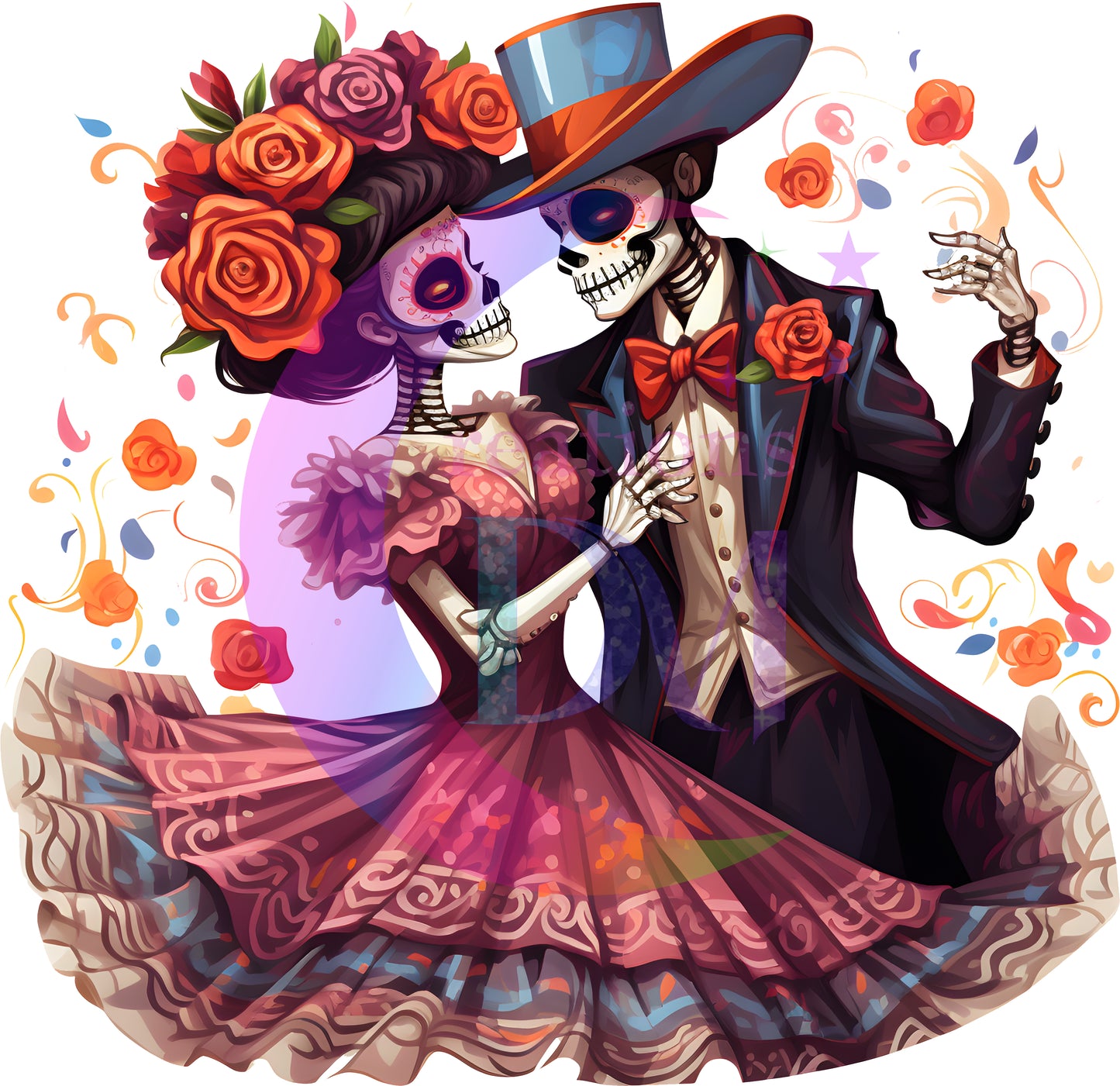 Dia de los muertos/Day of the Dead- couple dancing , red roses , blue hat