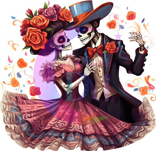 Dia de los muertos/Day of the Dead- couple dancing , red roses , blue hat