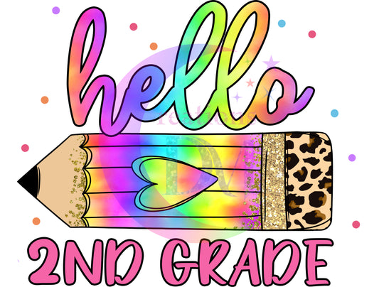 back to school DTF - hello 2nd grade colorful cheetah print pencil