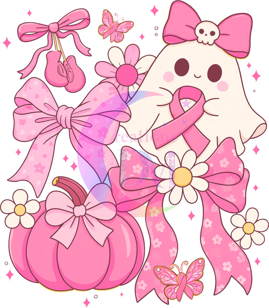 breast cancer awareness month - boo holding ribbon with pumpkin, bows and flowers