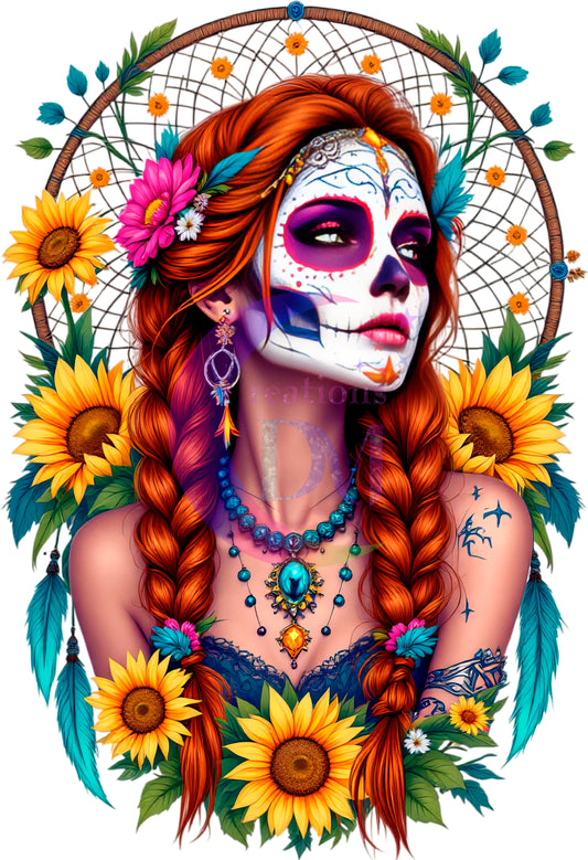 Dia de los muertos/Day of the Dead- red hair and sunflowers
