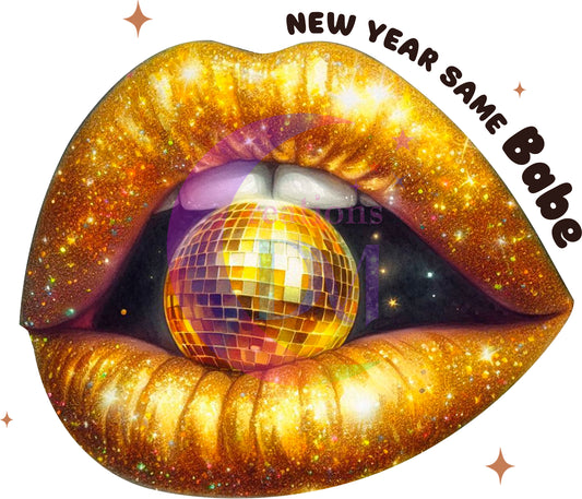 new years- gold lips holding disco ball , new year same babe