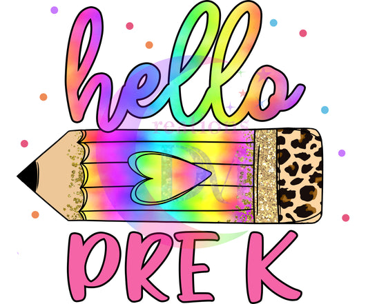 back to school DTF - hello pre-k colorful cheetah print pencil