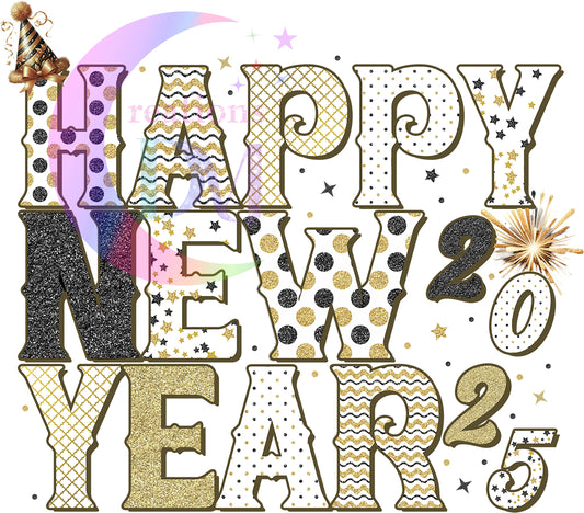 new years- 2025 happy new year dots , black and gold