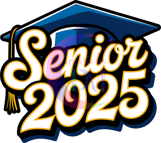 graduation DTF - senior 2025, blue hat and white letters