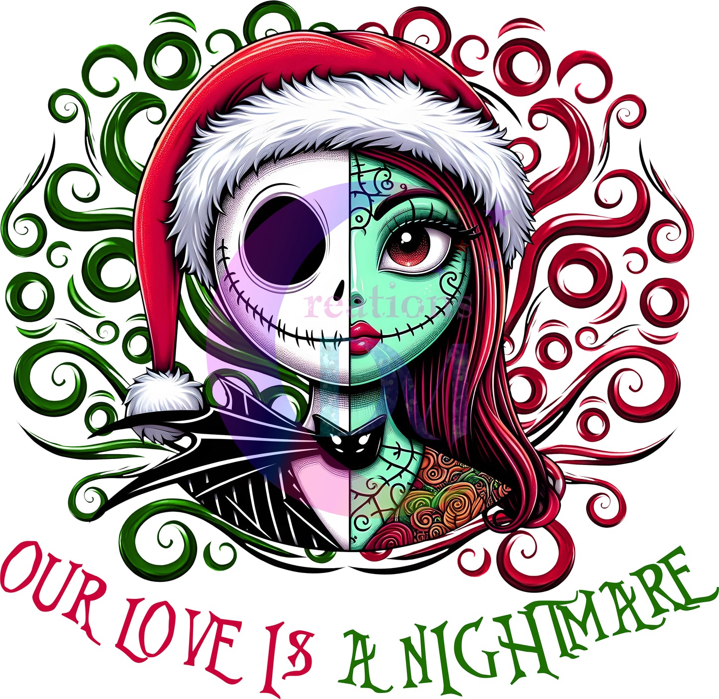 Christmas DTF - nightmare before christmas half face , jack , sally our love is a nightmare