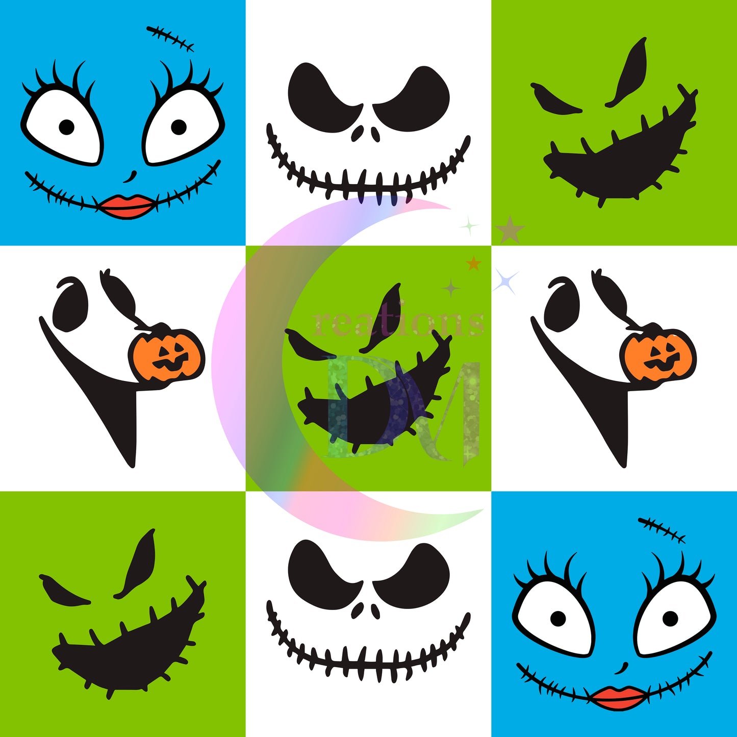Christmas DTF - nightmare before christmas blue , white , green square