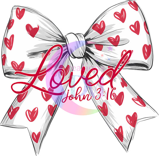 Valentines DTF - WHITE bow with red hearts - loved John 3;16