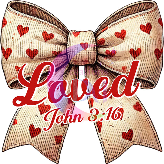 Valentines DTF - beige bow with red hearts - loved John 3;16