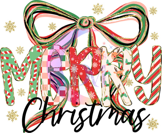 Christmas DTF - Merry christmas green and red bow