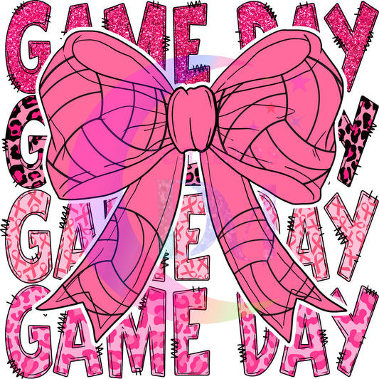 breast cancer awareness month -game day , pink bow with volleyball lining