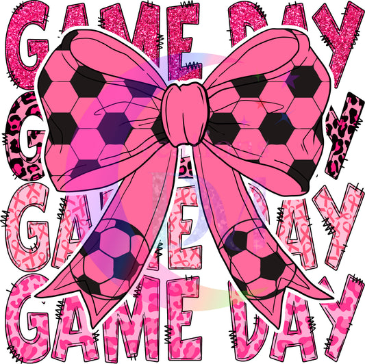 breast cancer awareness month -game day , pink bow with soccer lining