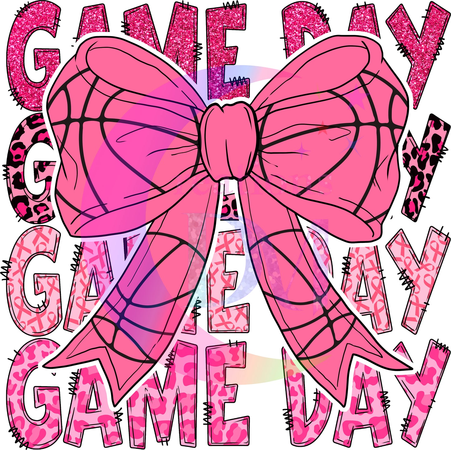 breast cancer awareness month -game day , pink bow with basketball lining