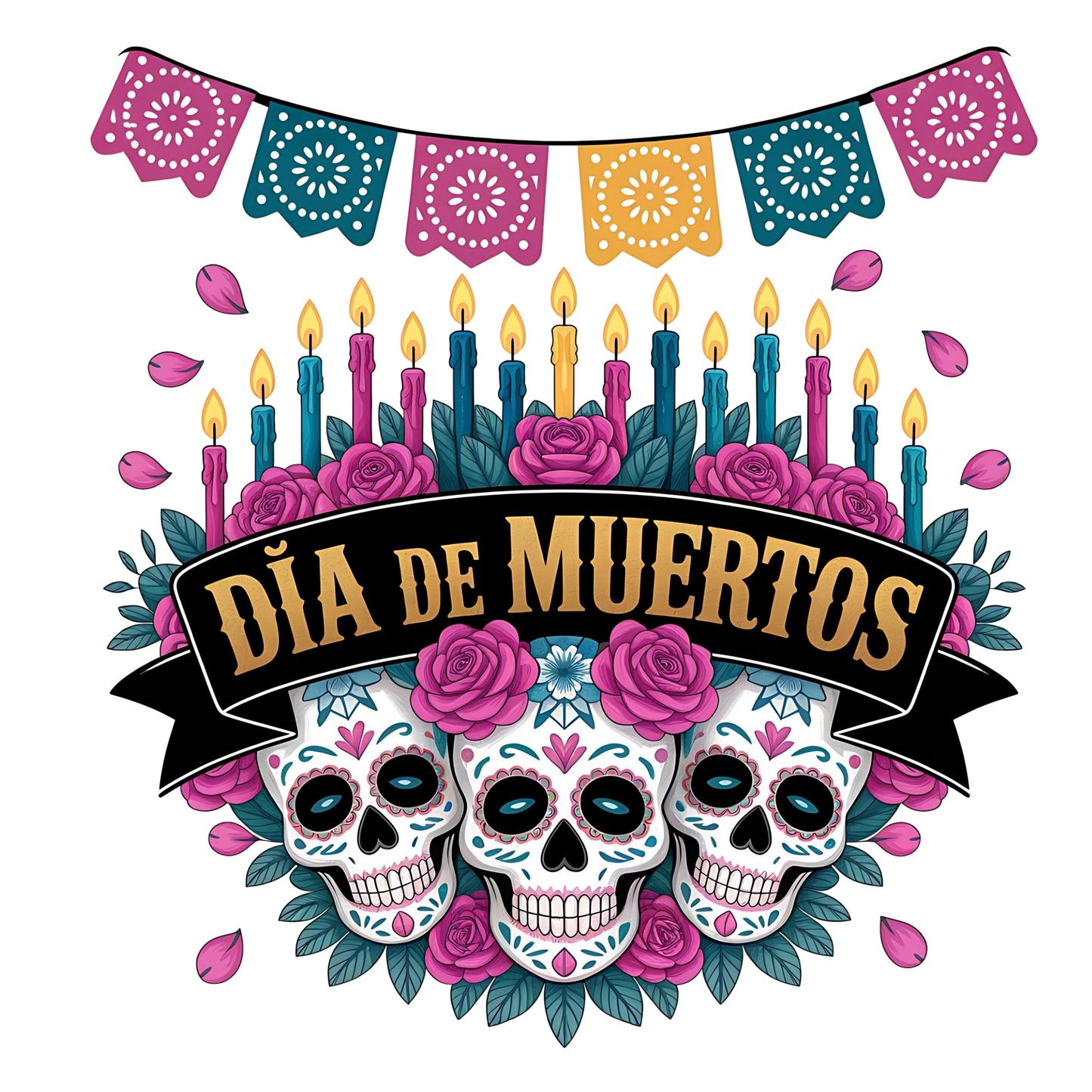 Dia de los muertos/Day of the Dead- dia de muertos 3 skulls, candles and roses