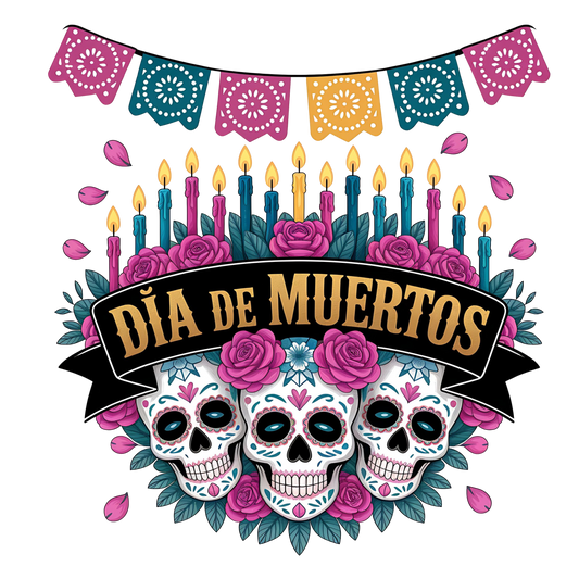 Dia de los muertos/Day of the Dead- dia de muertos 3 skulls, candles and roses