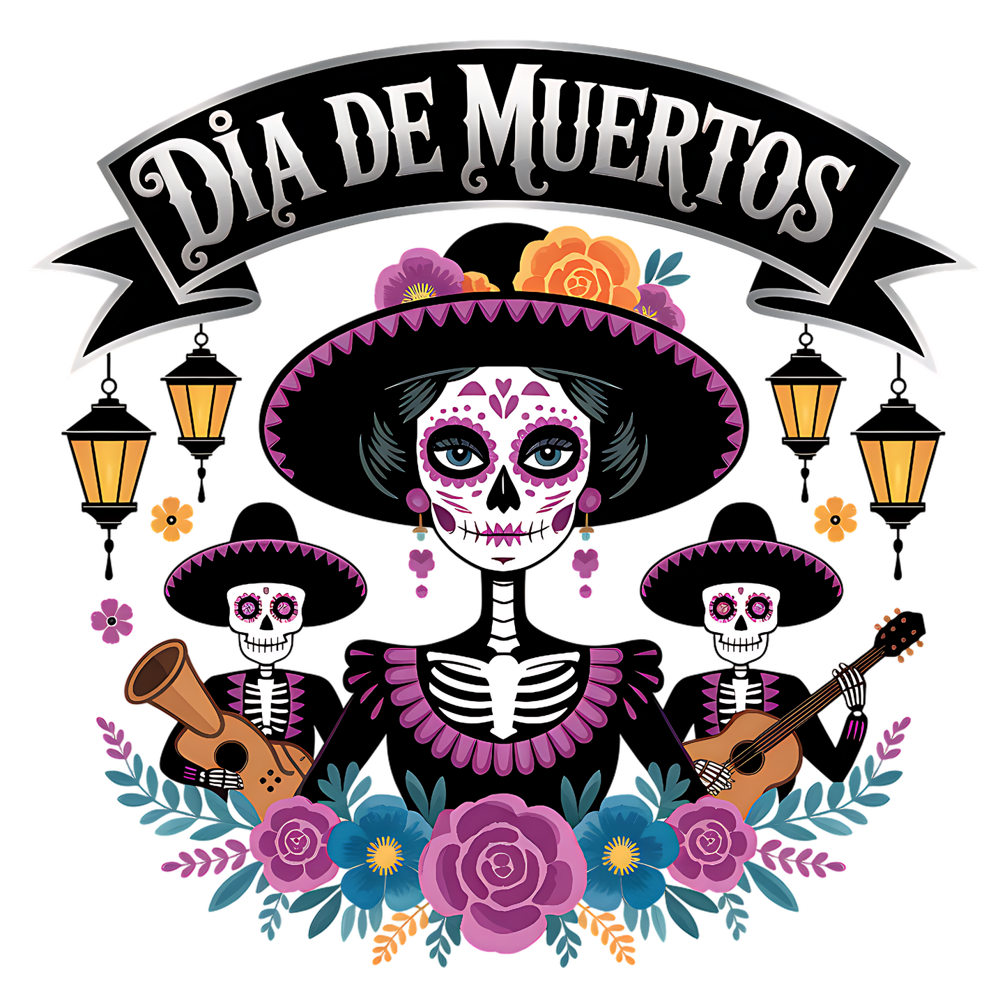Dia de los muertos/Day of the Dead- dia de muertos mariachis black banner