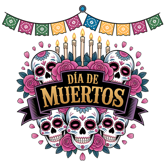 Dia de los muertos/Day of the Dead- dia de muertos 5 skulls , candles and roses