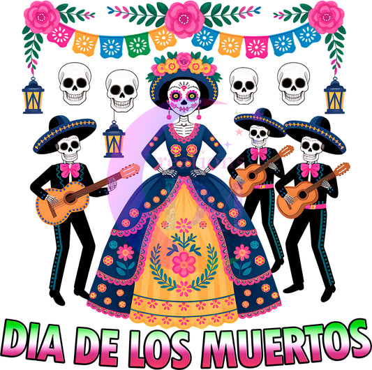 Dia de los muertos/Day of the Dead- 2 mariachis and woman pink, white and green letters