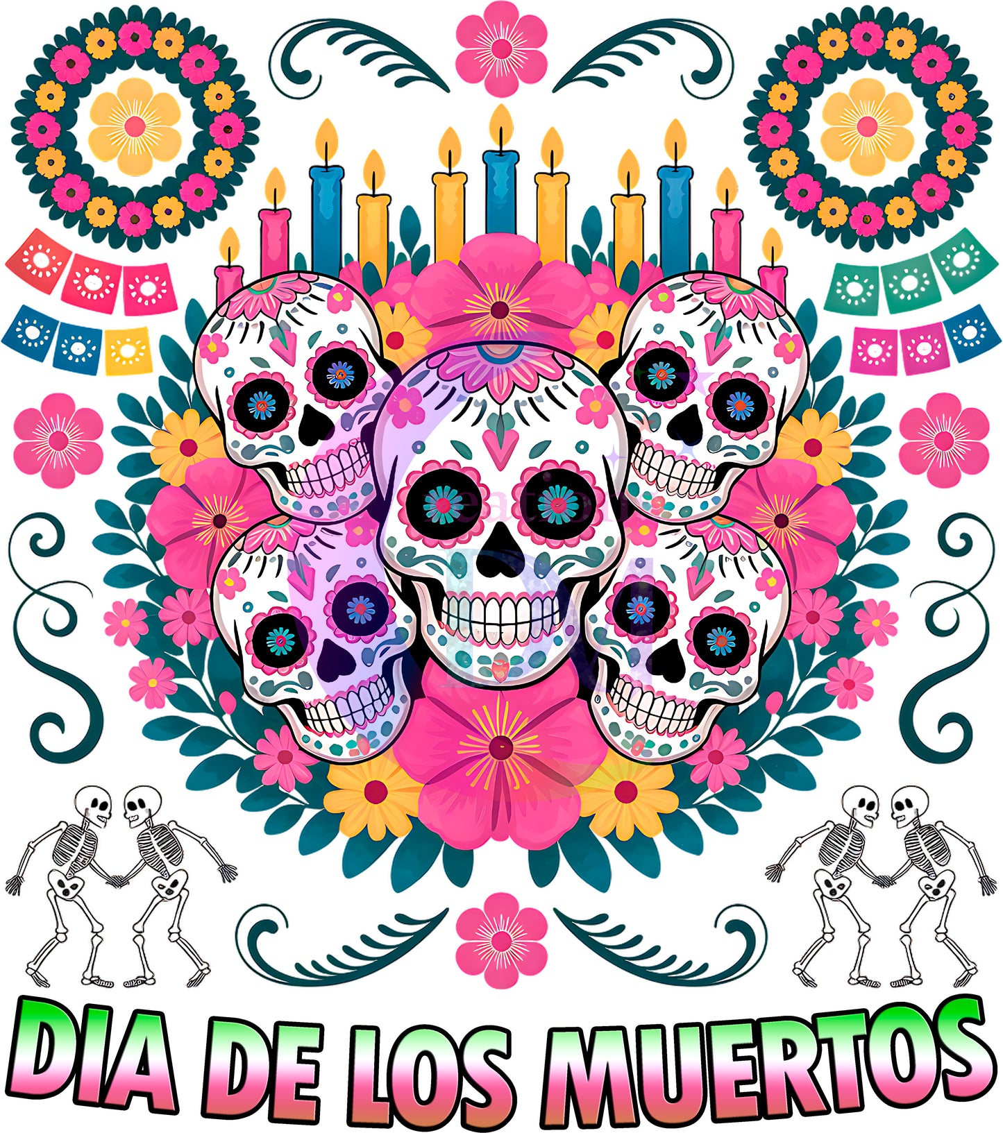 Dia de los muertos/Day of the Dead- 3 skulls pink
