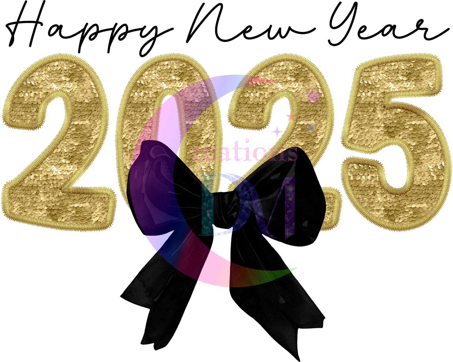 new years- happy new year 2025 gold with black bow