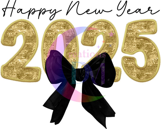new years- happy new year 2025 gold with black bow