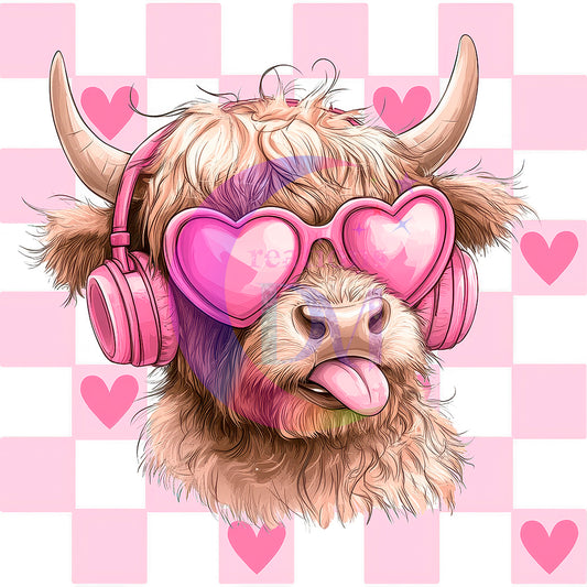 Valentines DTF - highland cow with heart glasses in pink