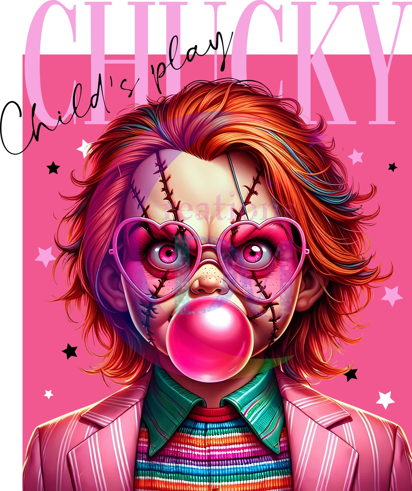 halloween DTF - chucky pink bubble gum backdrop