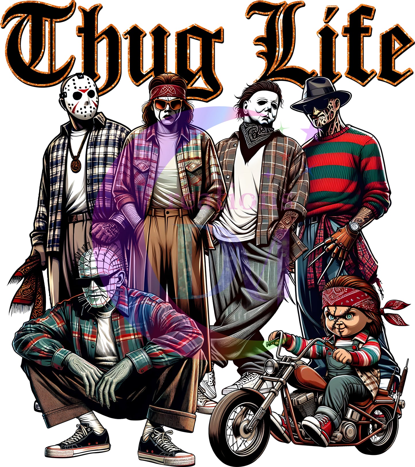 halloween DTF - thug life , chicano style halloween characters black letters and motorcycle