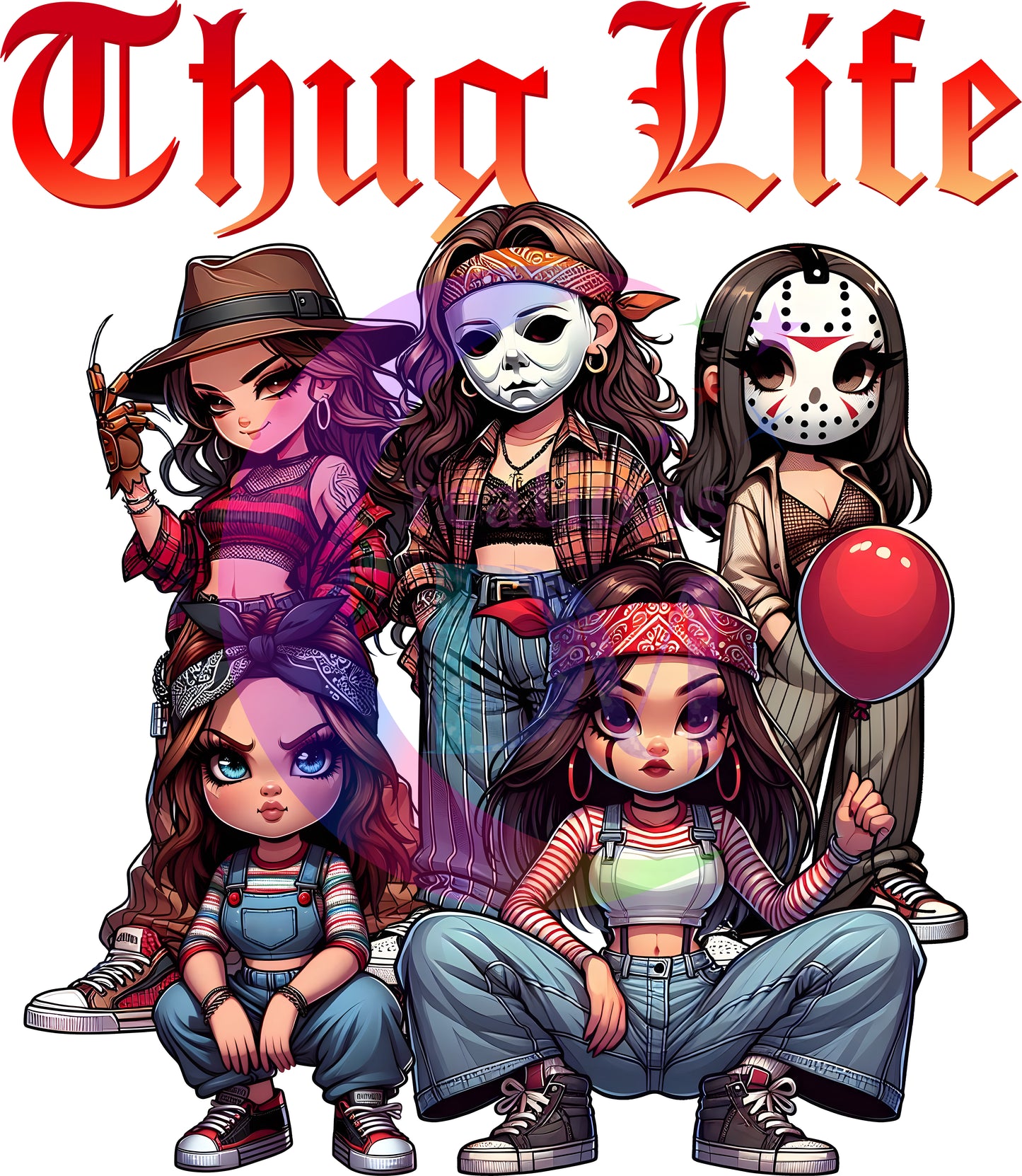 halloween DTF - thug life , chicano style halloween female characters red letters