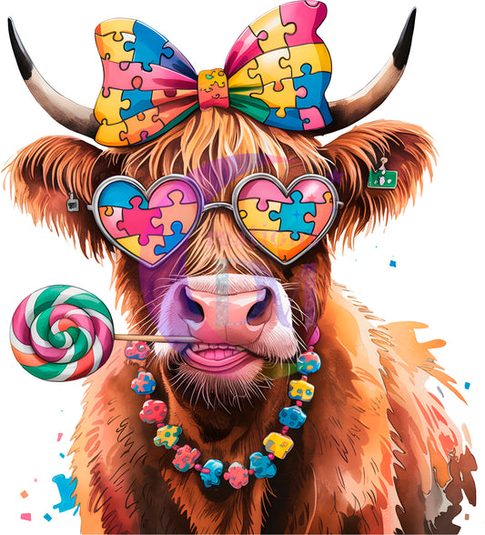 Autism - cow with autism bow and glasses , lollipop and necklace