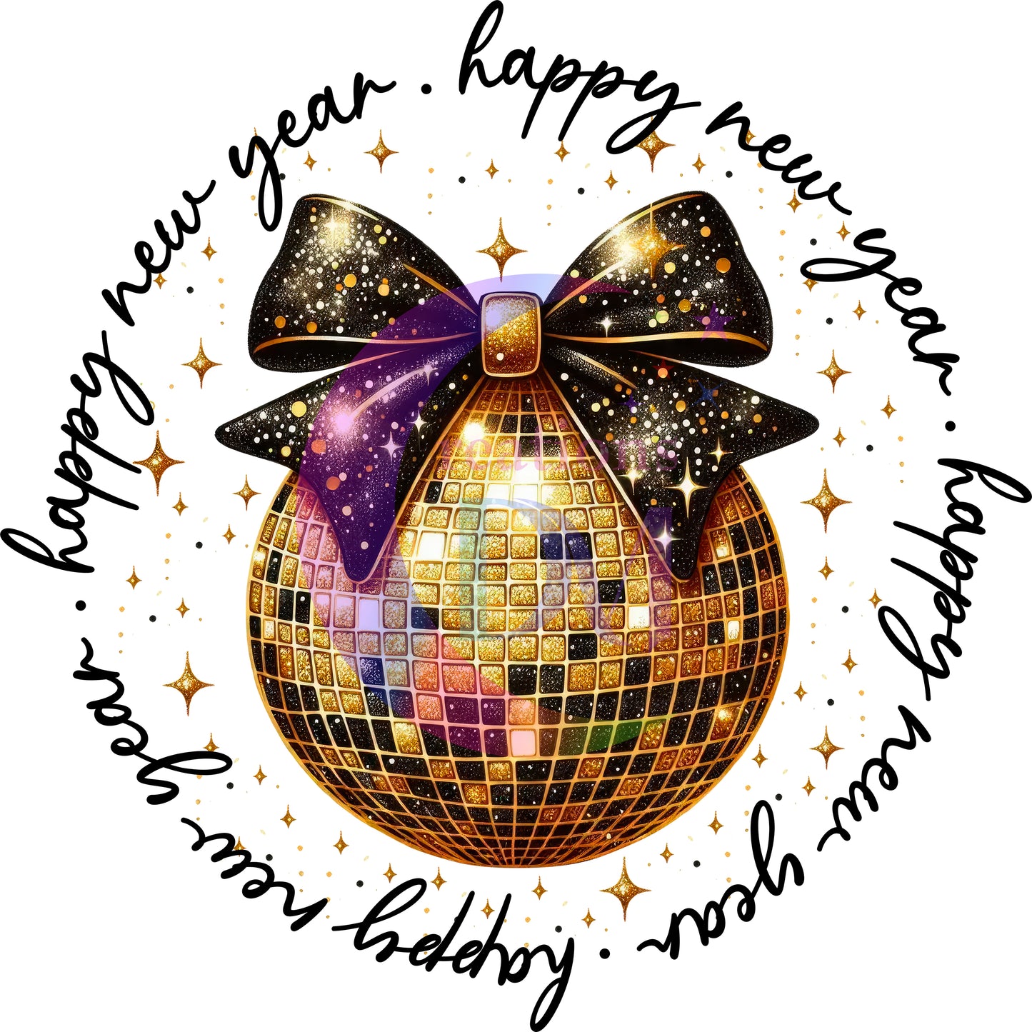 new years- disco ball and black bow with glitter , happy new year