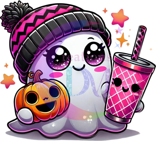 halloween DTF - ghost with black and pink beani