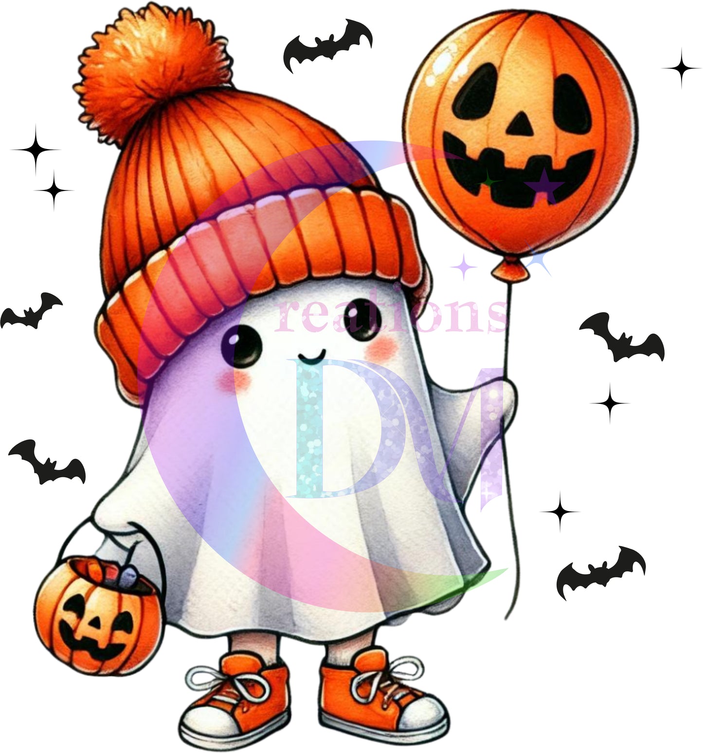 halloween DTF - ghost with orange hat holding a pumpkin ballon 2