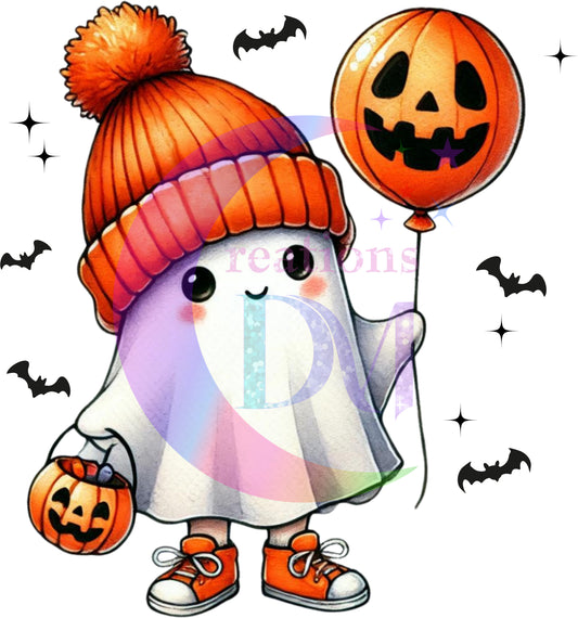 halloween DTF - ghost with orange hat holding a pumpkin ballon 2