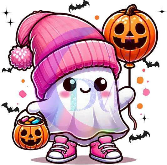 halloween DTF - ghost with pink hat holding a pumpkin ballon
