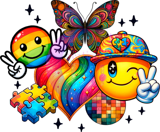 autism DTF - autism smiley face with peace sign and butterfly