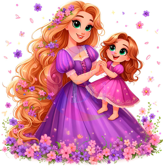 mothers day- Disney princess rapunzel and daughter with flowers