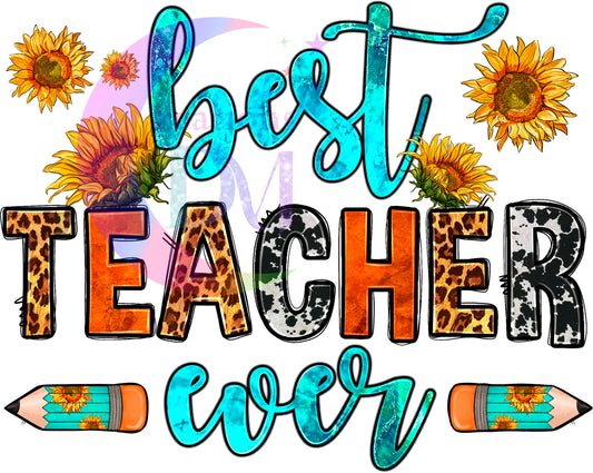 Teacher DTF - Best teacher ever sunflower cheetah print DTF