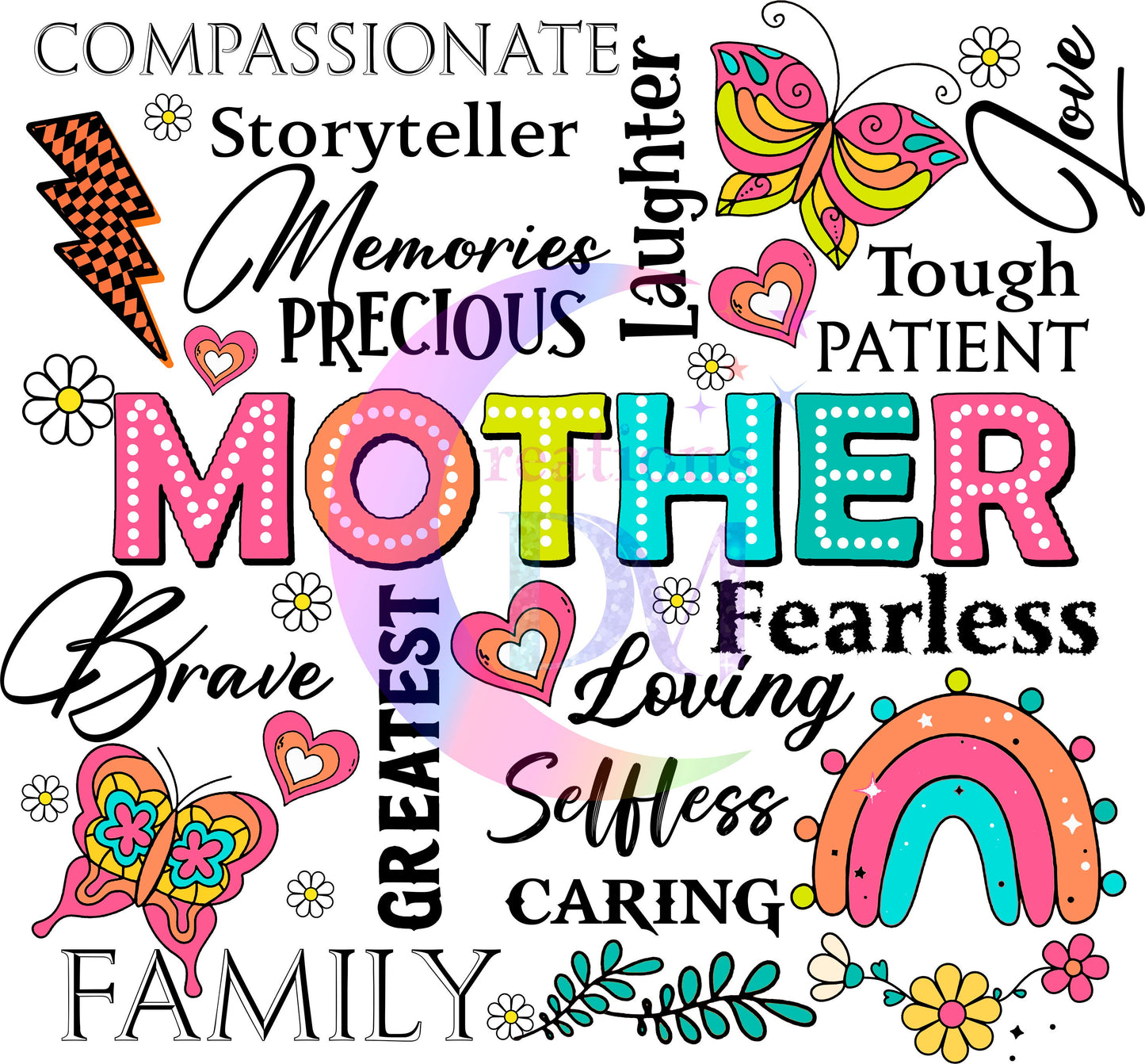 mothers day DTF - " mother with inspirational letters with rainbow and butterflies