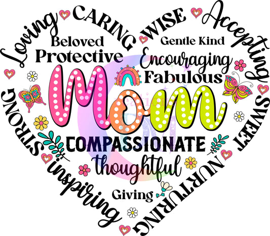 mothers day DTF - " mom with inspirational words inside of heart "