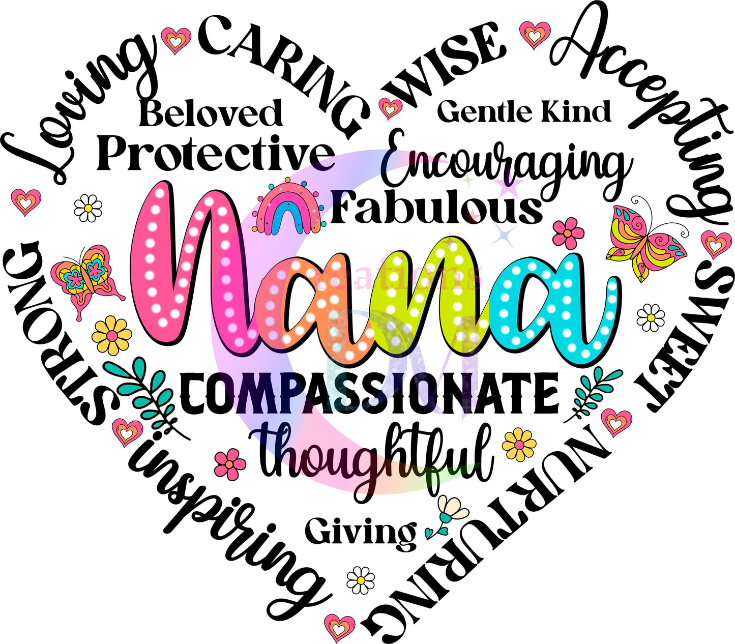 mothers day DTF - " nana with inspirational words inside of heart "