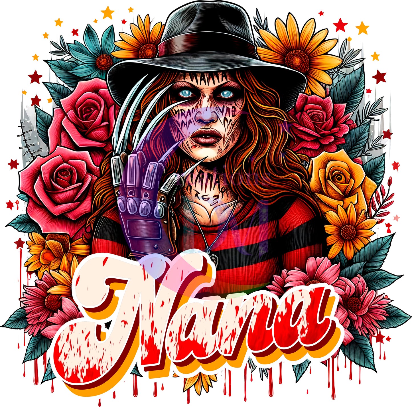 Mother's Day DTF personalization - Freddy Krueger "NANA" flowers personalize add baby name